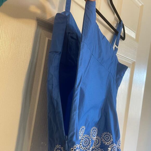 Ann Taylor Loft Top Womens Blue Blouse White Embroider Eyelet Circle Shirt Sz 10 - Picture 7 of 13